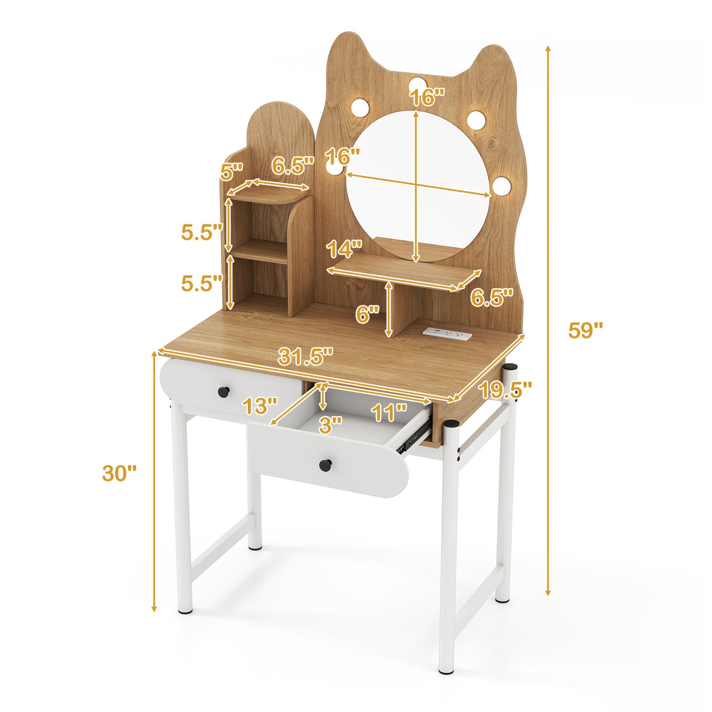 Small Vanity Desk with Mirror and Lights Cute Kitty Makeup Table with Power Outlets, Natural Makeup Vanities at Gallery Canada