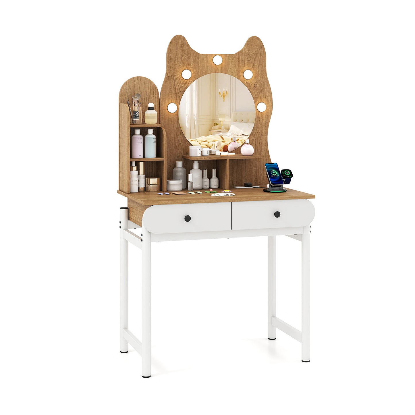 Small Vanity Desk with Mirror and Lights Cute Kitty Makeup Table with Power Outlets, Natural Makeup Vanities Natural at Gallery Canada