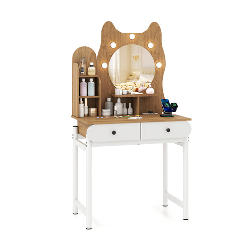 Small Vanity Desk With Mirror, Lights, Power Outlets, Natural