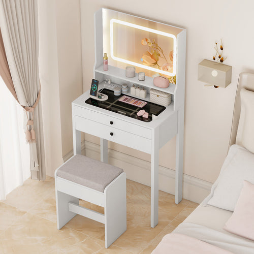 Small Vanity Desk with Mirror and Lights for Bedroom, White