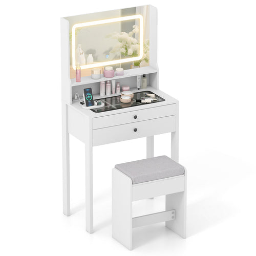 Small Vanity Desk with Mirror and Lights for Bedroom, White