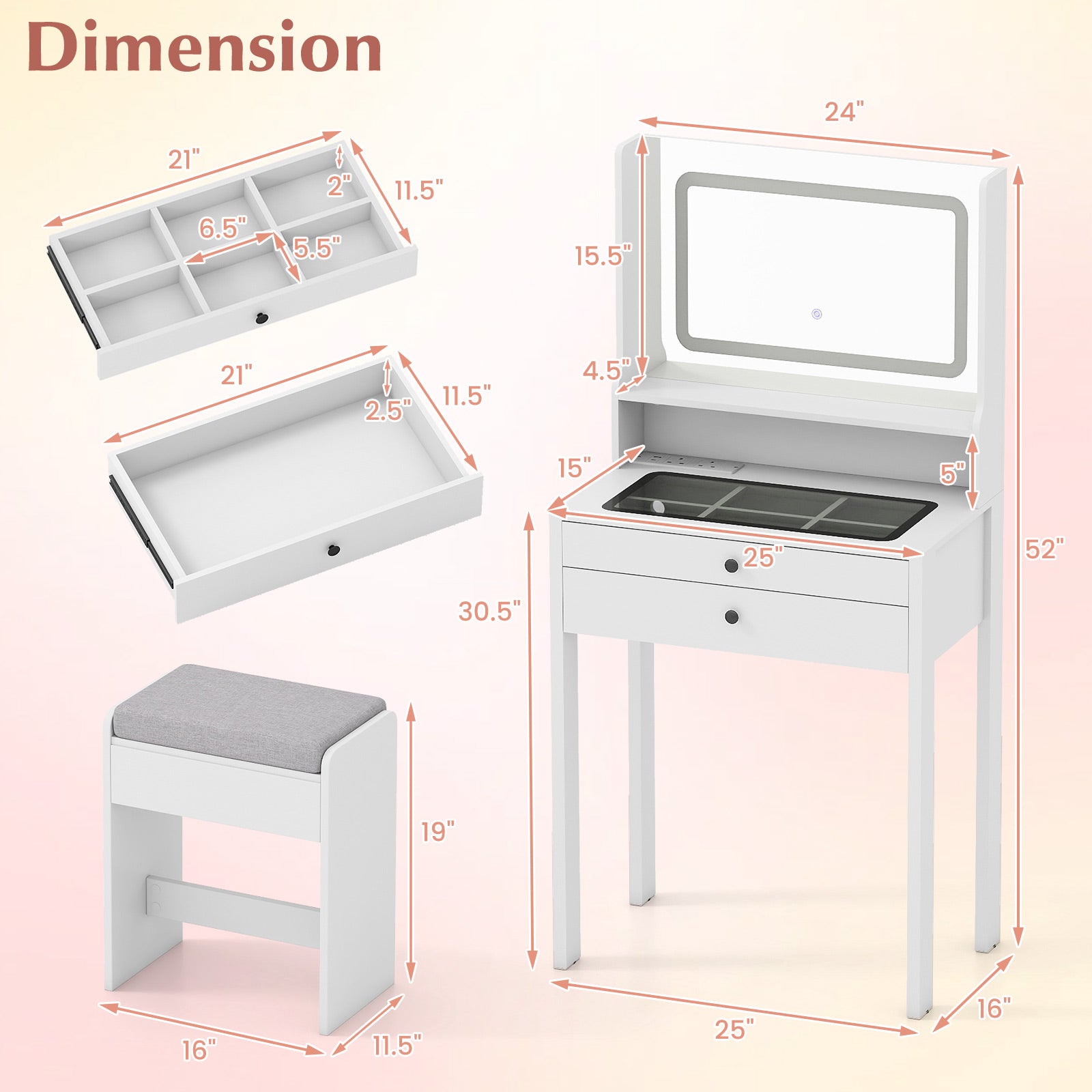 Small Vanity Desk with Mirror and Lights for Bedroom, White Makeup Vanities at Gallery Canada
