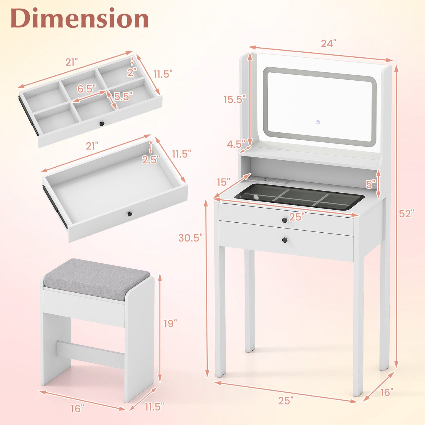 Small Vanity Desk with Mirror and Lights for Bedroom, White Makeup Vanities at Gallery Canada