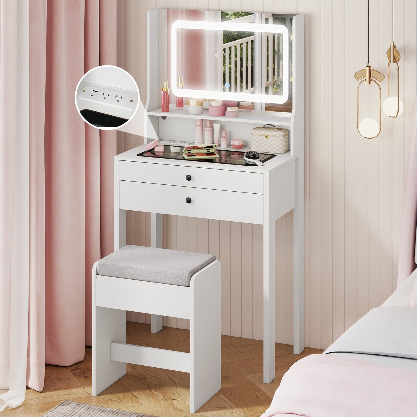 Small Vanity Desk with Mirror and Lights for Bedroom, White Makeup Vanities at Gallery Canada