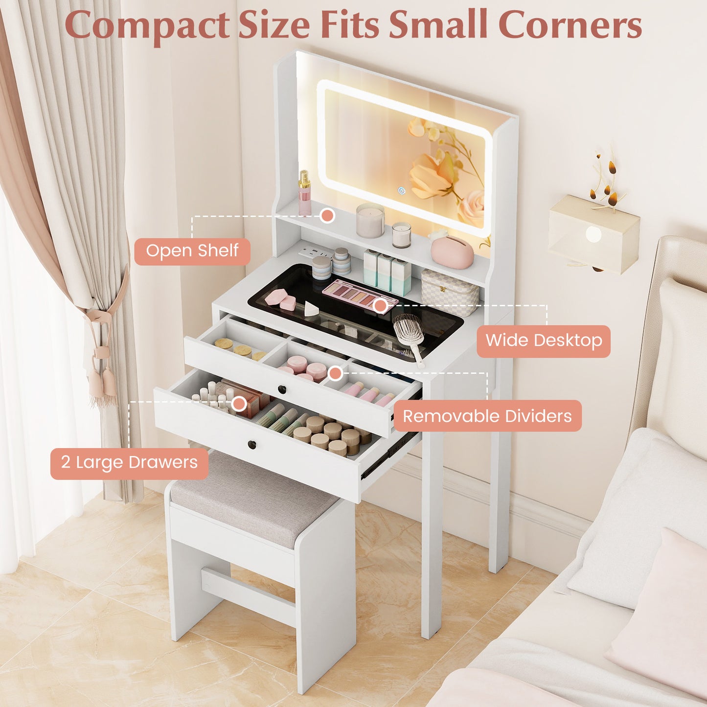 Small Vanity Desk with Mirror and Lights for Bedroom, White Makeup Vanities at Gallery Canada