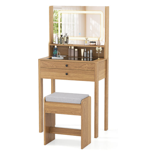 Small Vanity Desk with Mirror and Lights for Bedroom, Natural