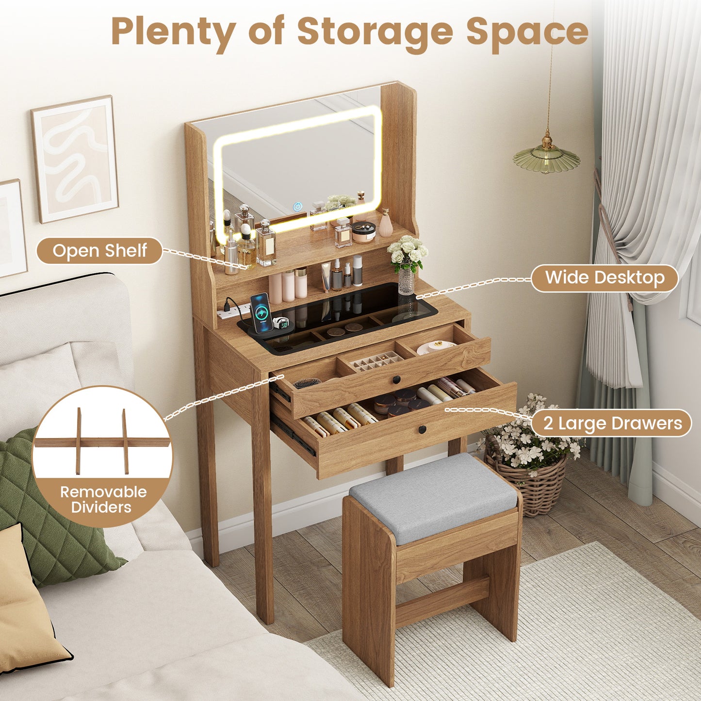 Small Vanity Desk with Mirror and Lights for Bedroom, Natural Makeup Vanities at Gallery Canada
