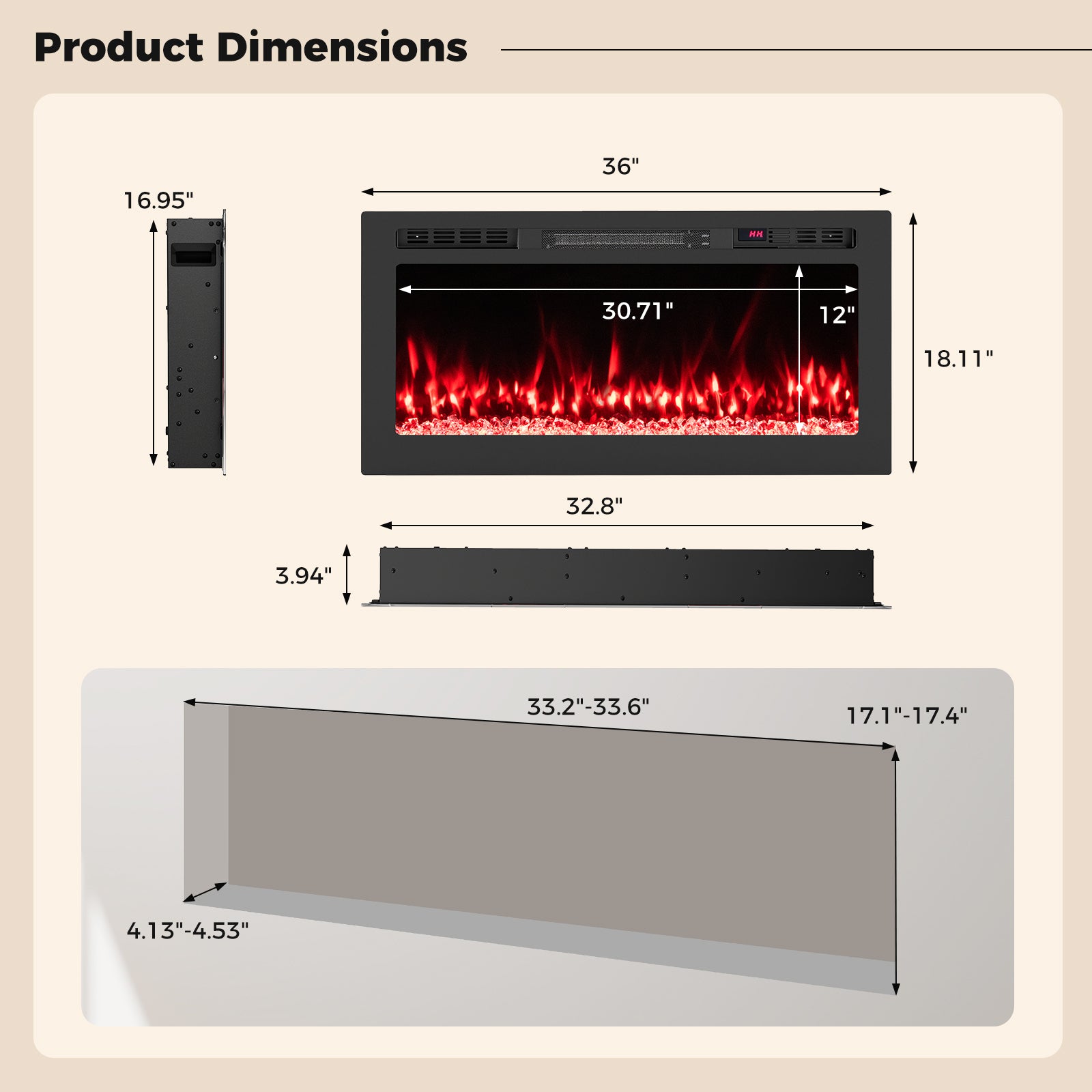 Smart WiFi Electric Fireplace Wall Mounted & Recessed 750W/1500W Heater-36 Inch, Black Fireplaces at Gallery Canada