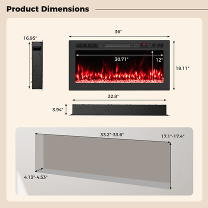 Smart WiFi Electric Fireplace Wall Mounted & Recessed 750W/1500W Heater-36 Inch, Black Fireplaces at Gallery Canada