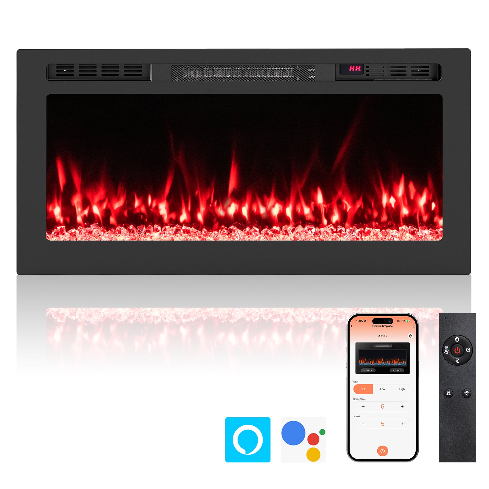 Smart WiFi Electric Fireplace Wall Mounted & Recessed 750W/1500W Heater-36 Inch, Black Fireplaces at Gallery Canada