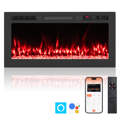 Smart WiFi Electric Fireplace Wall Mounted & Recessed 750W/1500W Heater-36 Inch, Black Fireplaces at Gallery Canada