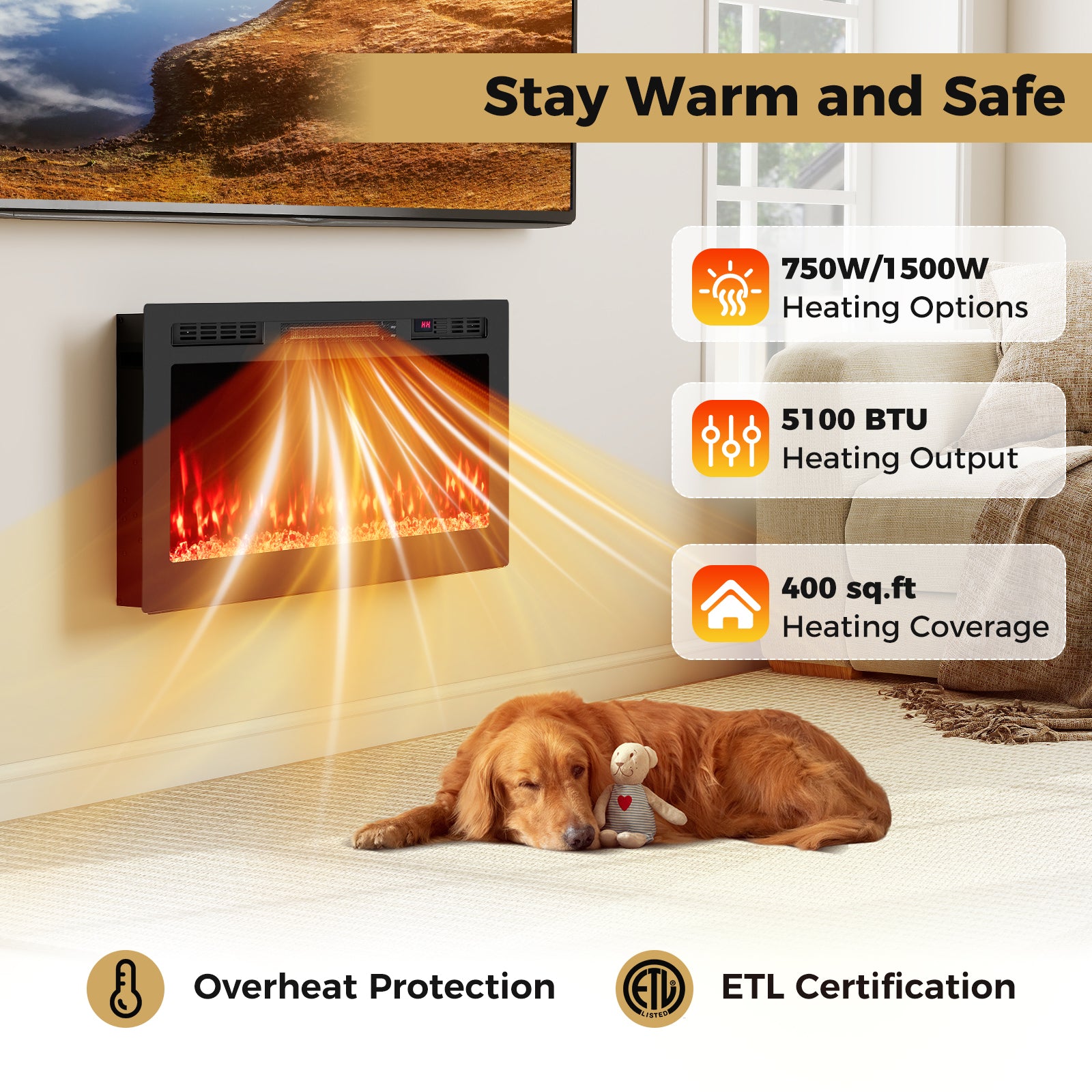 Smart WiFi Electric Fireplace Wall Mounted & Recessed 750W/1500W Heater-36 Inch, Black Fireplaces at Gallery Canada