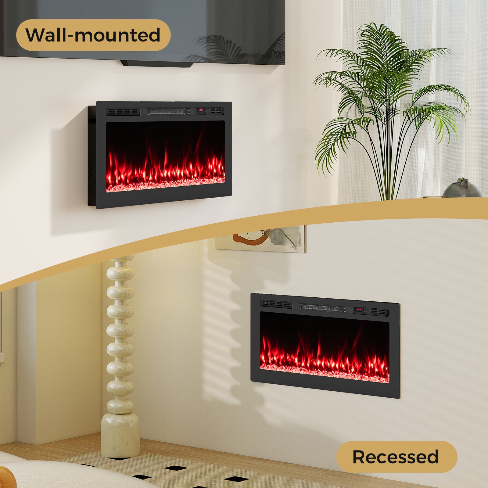 Smart WiFi Electric Fireplace Wall Mounted & Recessed 750W/1500W Heater-36 Inch, Black Fireplaces at Gallery Canada