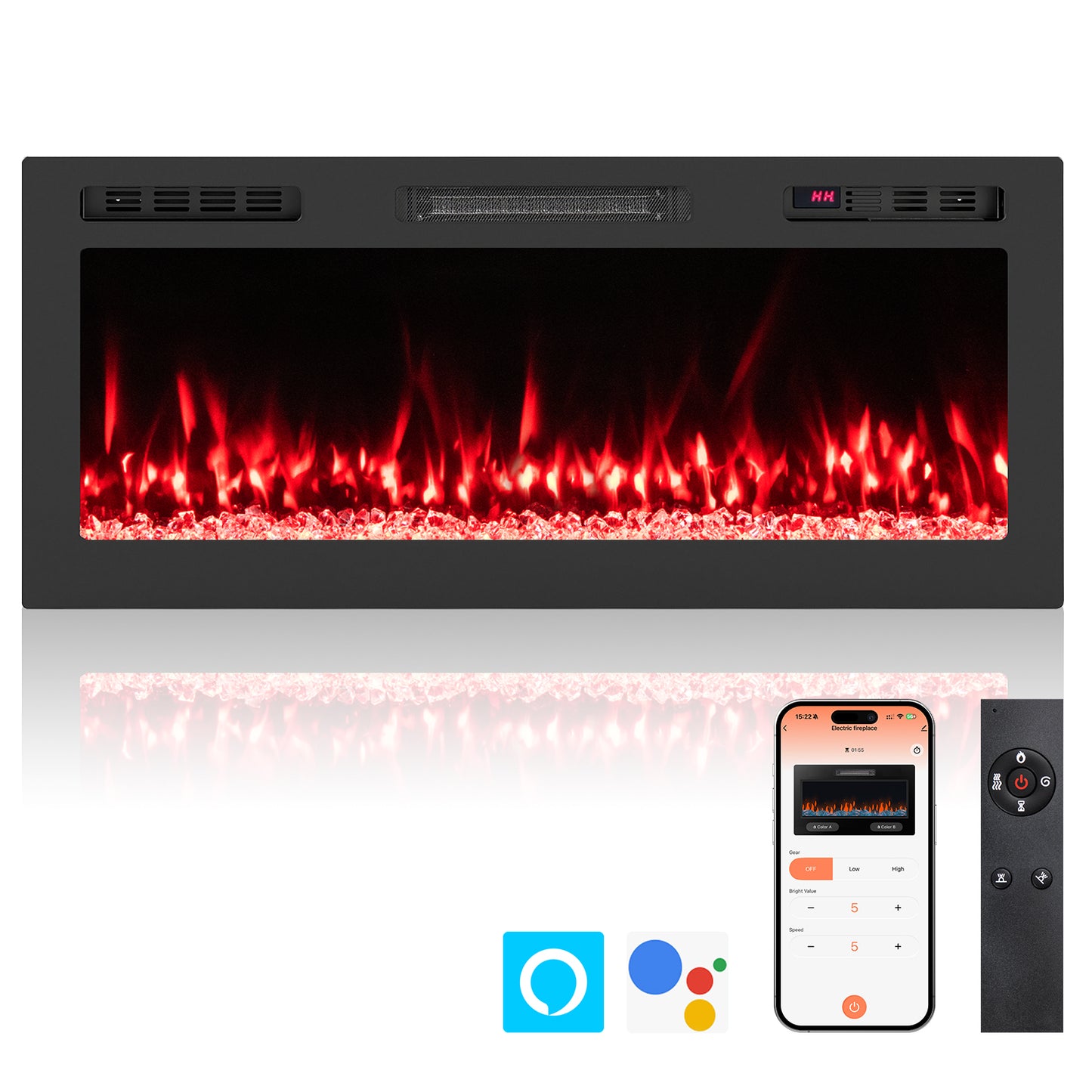 Smart WiFi Electric Fireplace Wall Mounted & Recessed 750W/1500W Heater-42 Inch, Black Fireplaces at Gallery Canada