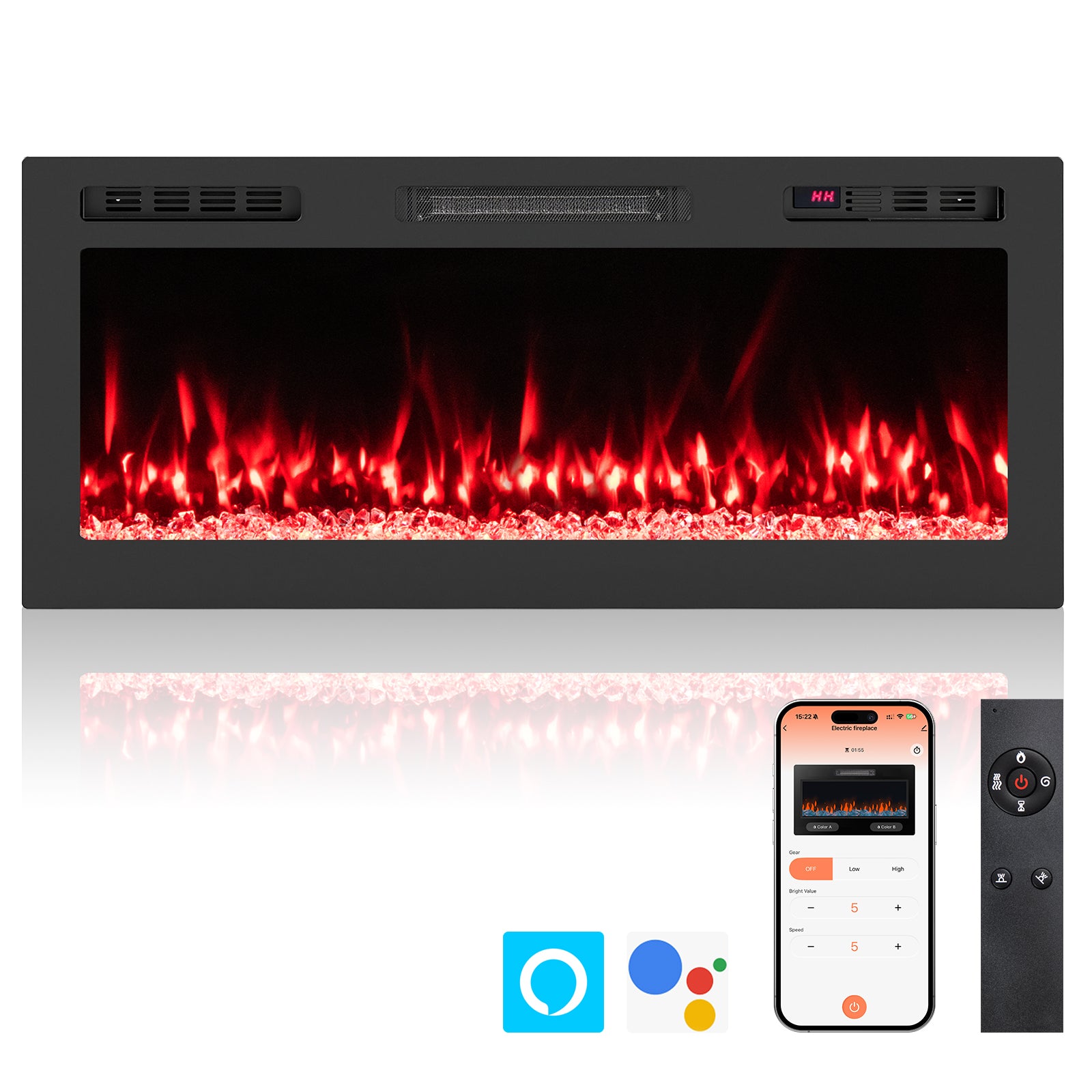 Smart WiFi Electric Fireplace Wall Mounted & Recessed 750W/1500W Heater-42 Inch, Black Fireplaces at Gallery Canada