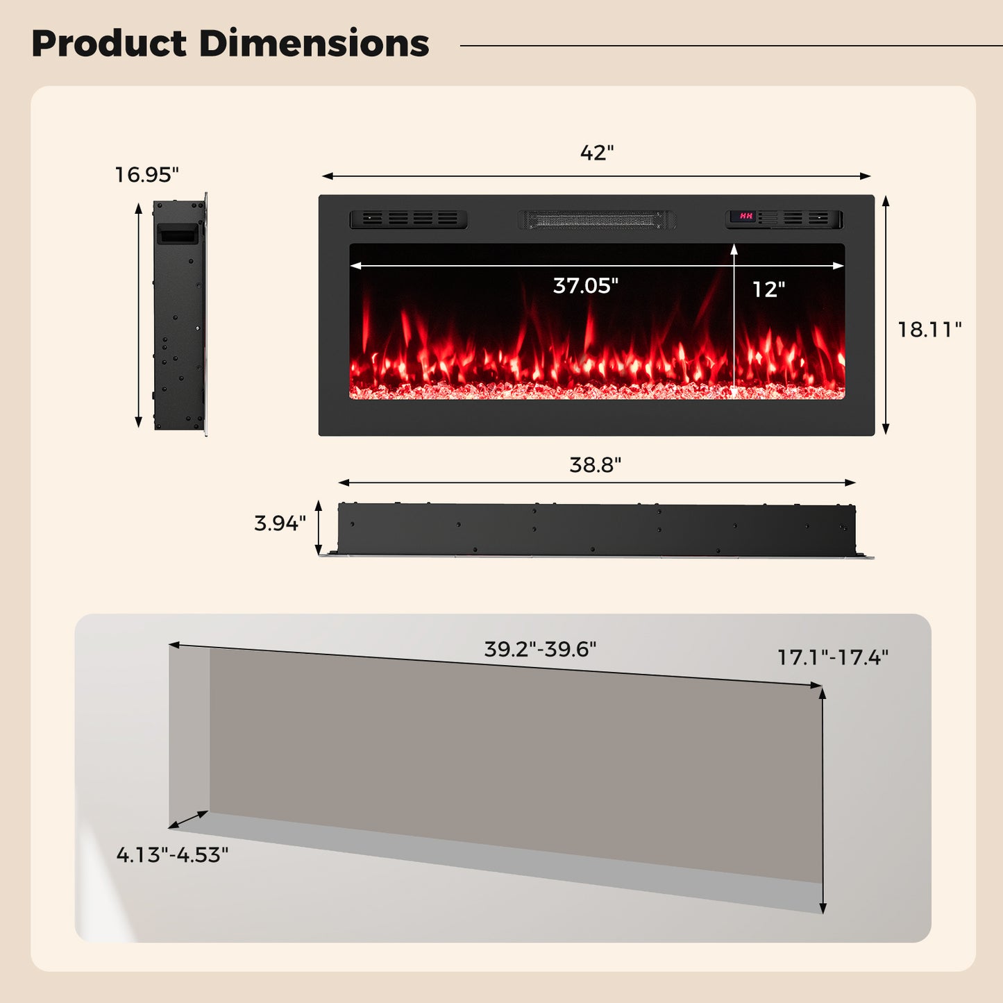 Smart WiFi Electric Fireplace Wall Mounted & Recessed 750W/1500W Heater-42 Inch, Black Fireplaces at Gallery Canada