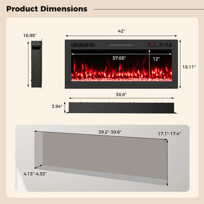 Smart WiFi Electric Fireplace Wall Mounted & Recessed 750W/1500W Heater-42 Inch, Black Fireplaces at Gallery Canada