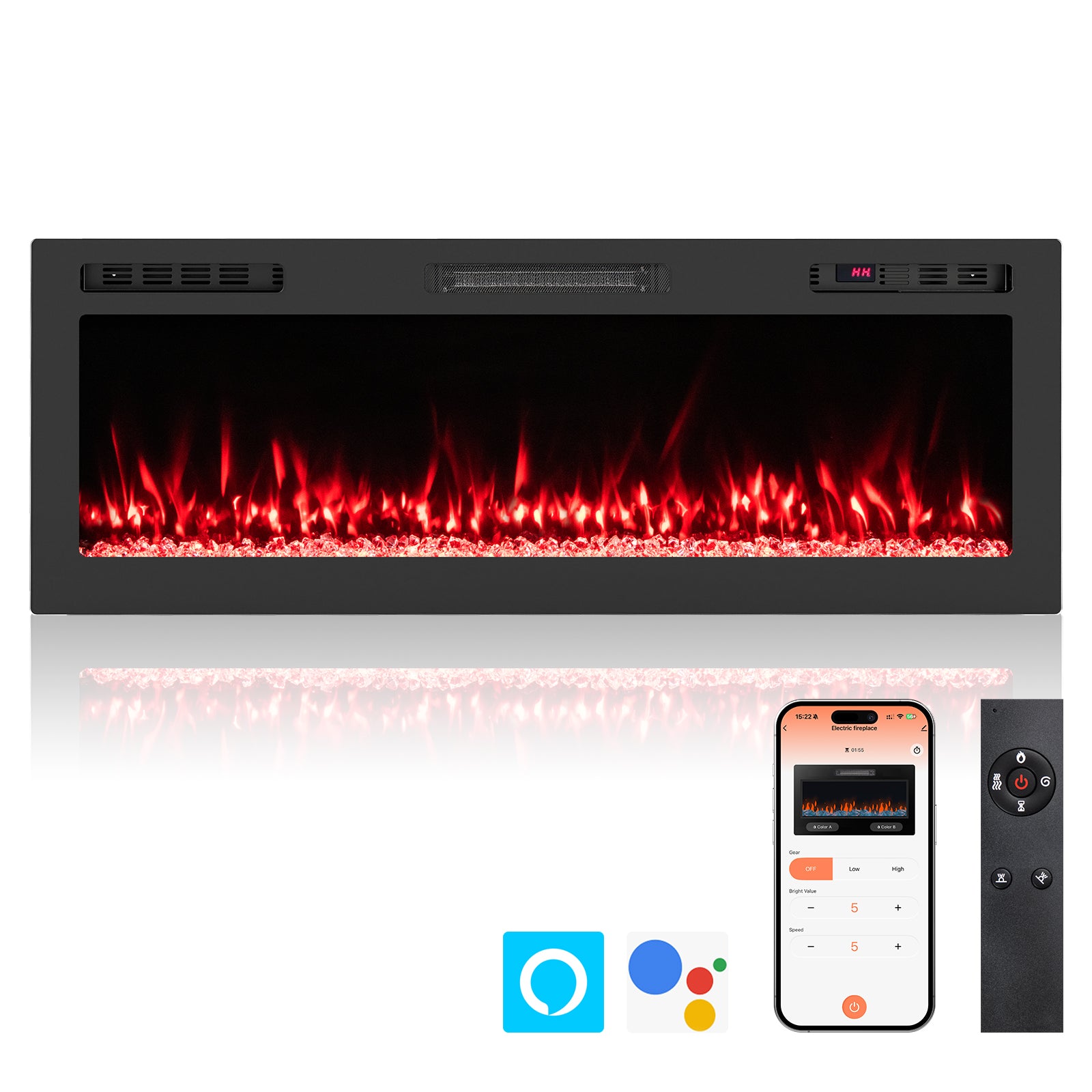 Smart WiFi Electric Fireplace Wall Mounted & Recessed 750W/1500W Heater-50 Inch, Black Fireplaces at Gallery Canada