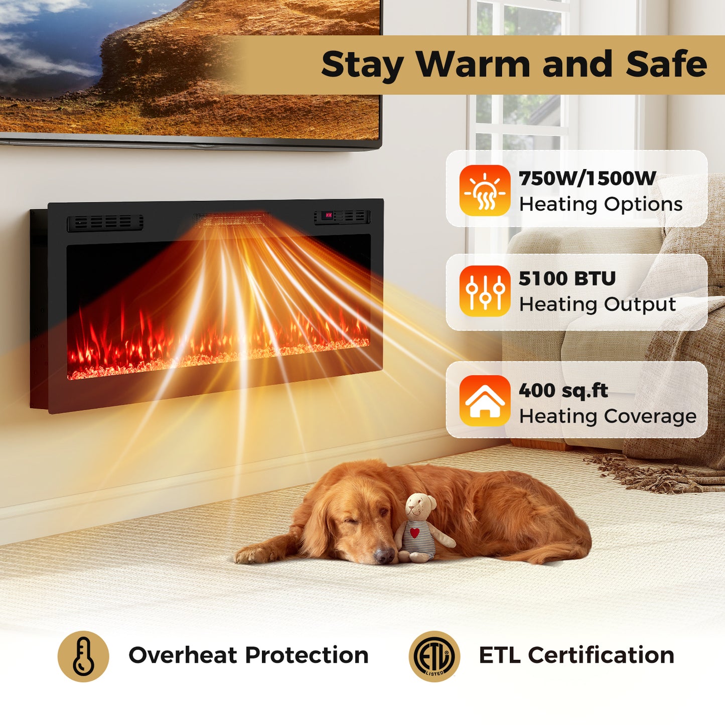 Smart WiFi Electric Fireplace Wall Mounted & Recessed 750W/1500W Heater-50 Inch, Black Fireplaces at Gallery Canada