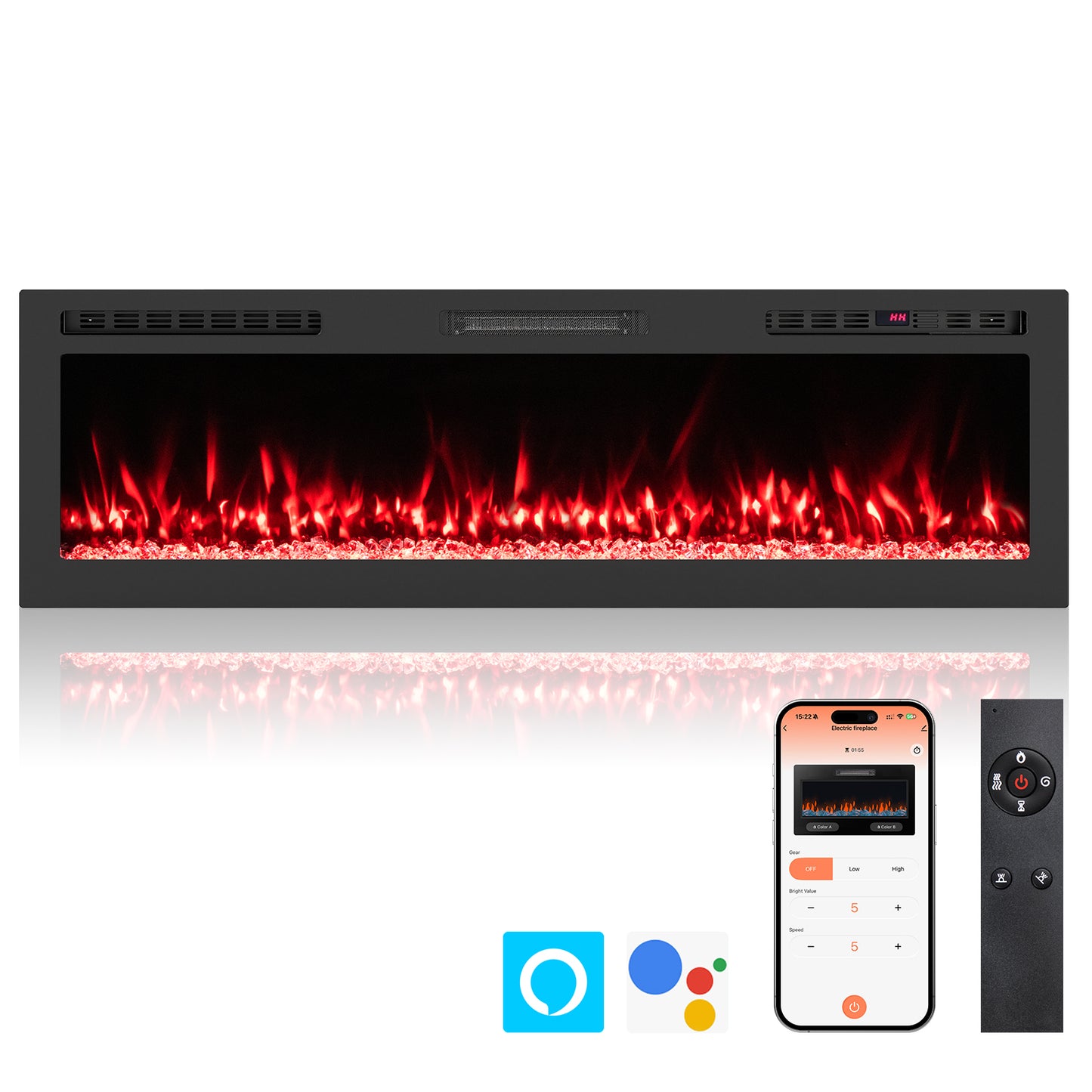Smart WiFi Electric Fireplace Wall Mounted & Recessed 750W/1500W Heater-60 Inch, Black Fireplaces at Gallery Canada