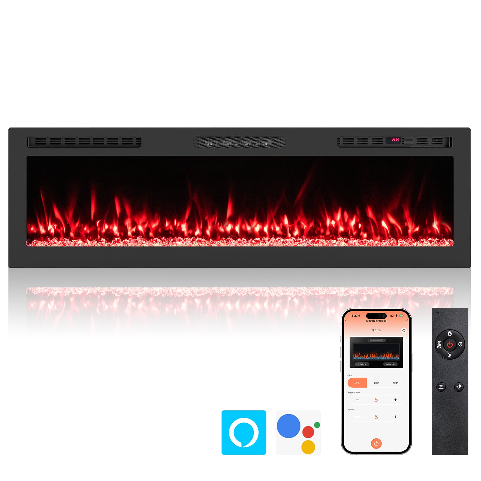 Smart WiFi Electric Fireplace Wall Mounted & Recessed 750W/1500W Heater-60 Inch, Black Fireplaces at Gallery Canada