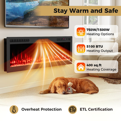 Smart WiFi Electric Fireplace Wall Mounted & Recessed 750W/1500W Heater-60 Inch, Black Fireplaces at Gallery Canada