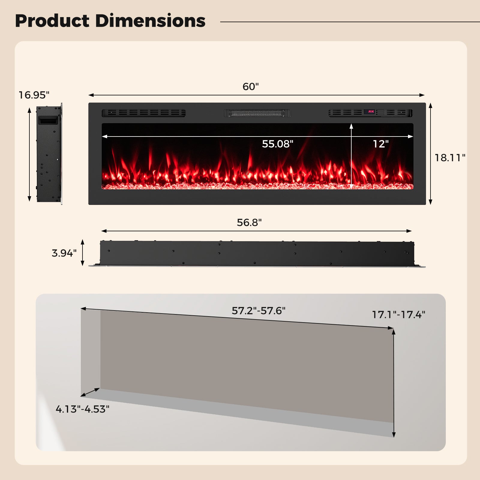Smart WiFi Electric Fireplace Wall Mounted & Recessed 750W/1500W Heater-60 Inch, Black Fireplaces at Gallery Canada