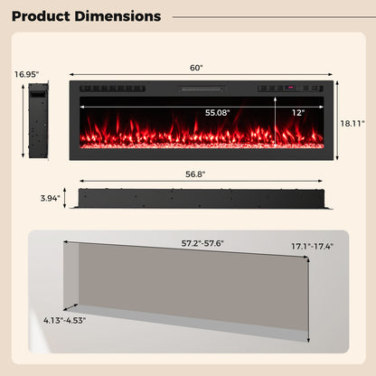 Smart WiFi Electric Fireplace Wall Mounted & Recessed 750W/1500W Heater-60 Inch, Black Fireplaces at Gallery Canada