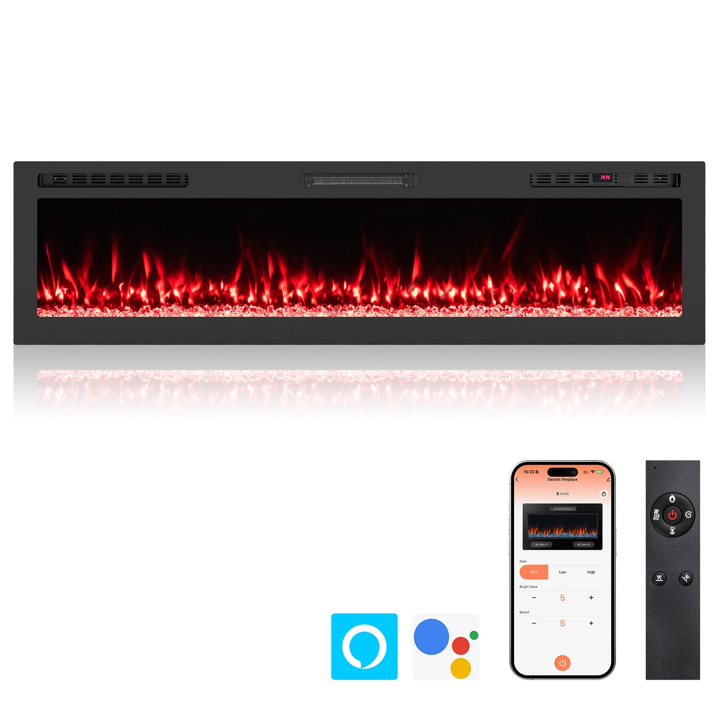 Smart WiFi Electric Fireplace Wall Mounted & Recessed 750W/1500W Heater-68 Inch, Black Fireplaces at Gallery Canada