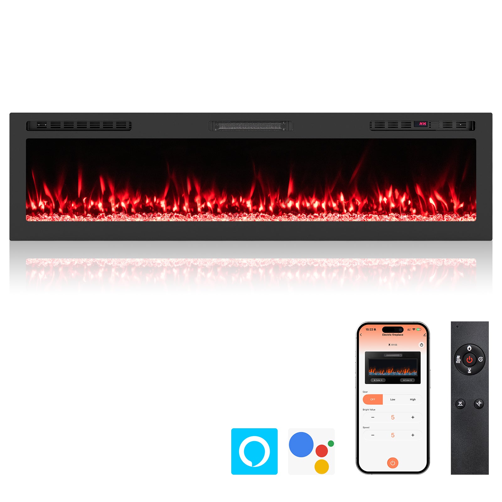 Smart WiFi Electric Fireplace Wall Mounted & Recessed 750W/1500W Heater-68 Inch, Black Fireplaces at Gallery Canada
