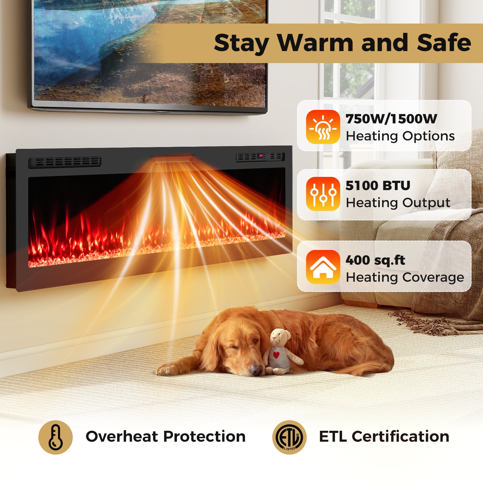Smart WiFi Electric Fireplace Wall Mounted & Recessed 750W/1500W Heater-68 Inch, Black Fireplaces at Gallery Canada