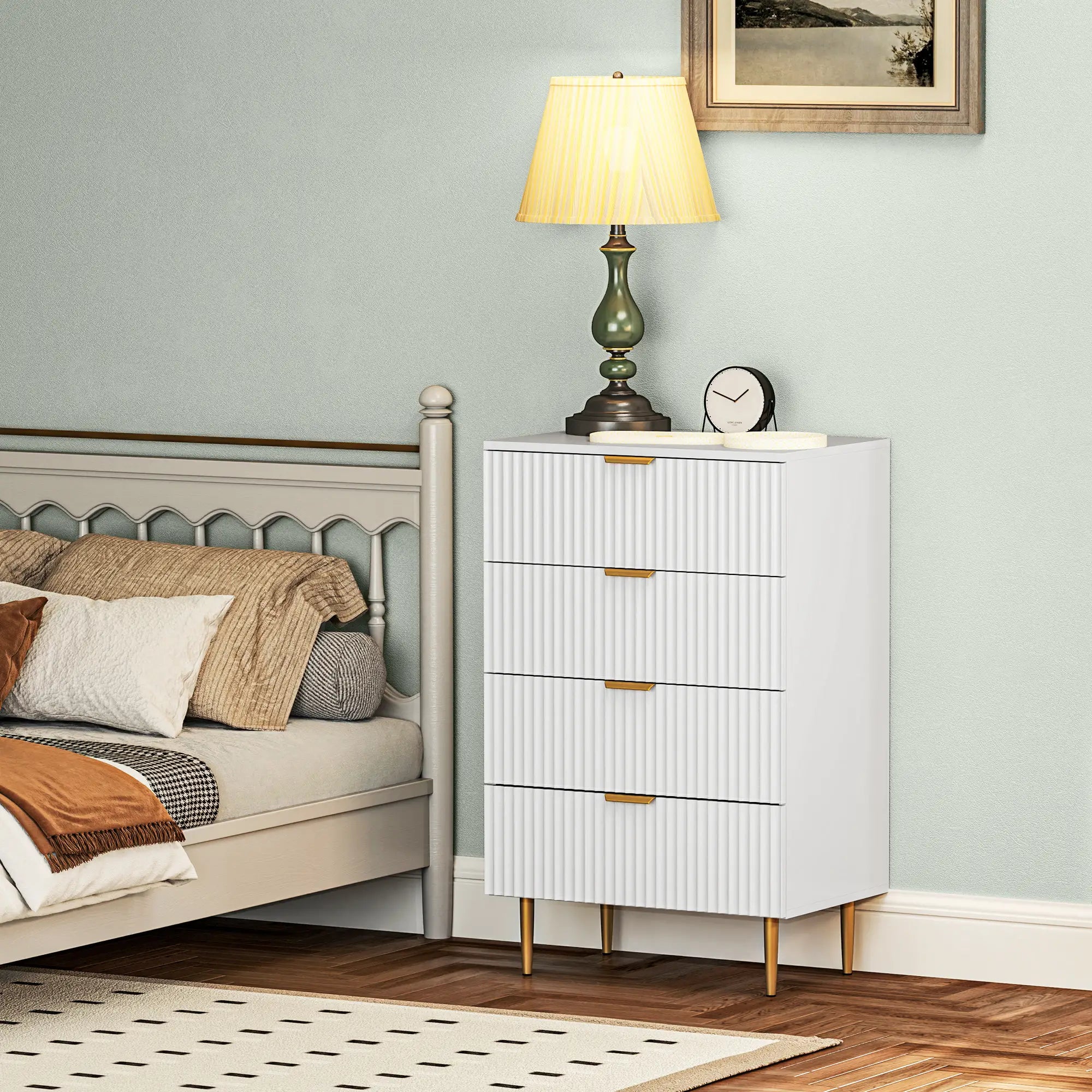 Modern 4 Drawer Dresser, Gold Legs, Bedroom Chest, White Storage Cabinets at Gallery Canada