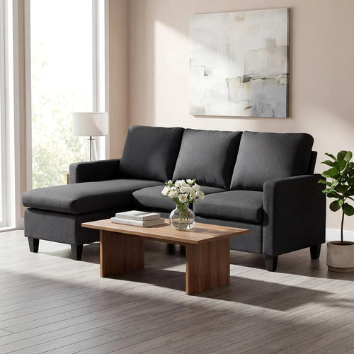 L-Shape Sectional Sofa with Ottoman, Living Room, Dark Grey