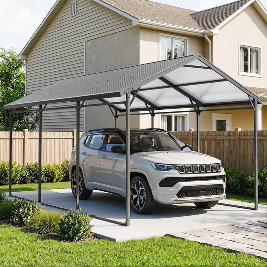 10 x 15ft Metal Carport, Heavy-Duty Canopy With Reinforced Steel Frame Car Shelters Dark Grey at Gallery Canada