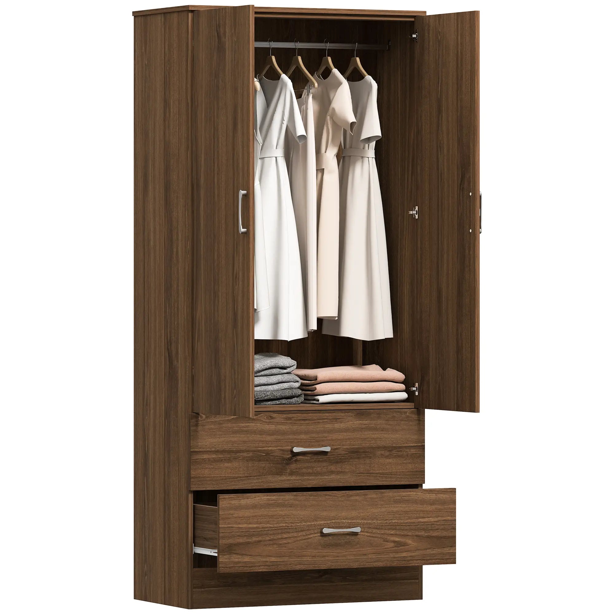 Wardrobe Closet, Hanging Rod, 2 Doors, 2 Drawers, Walnut Clothing Storage at Gallery Canada
