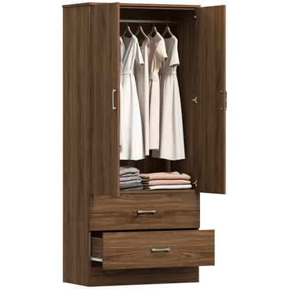 Wardrobe Closet, Hanging Rod, 2 Doors, 2 Drawers, Walnut Clothing Storage at Gallery Canada