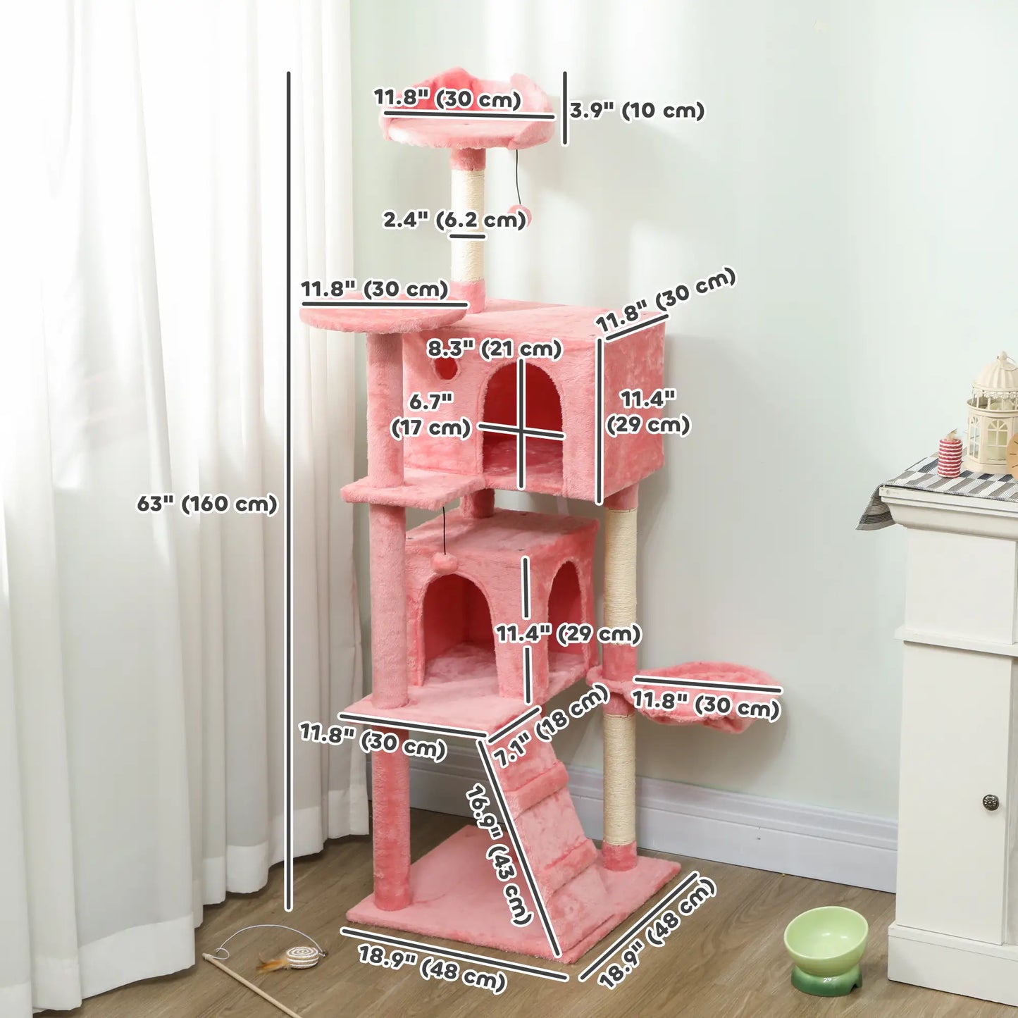 63 Inch Cat Tree with Sisal Posts, Condos, Perches, Hammock, Pink Cat Towers at Gallery Canada