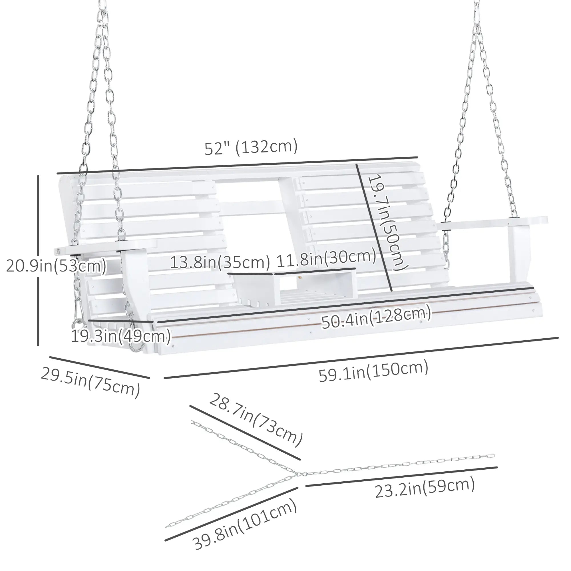 2-3 Seater Porch Swing, Wood Patio Chair with Table, Cup Holders, White Hanging Porch Swings at Gallery Canada