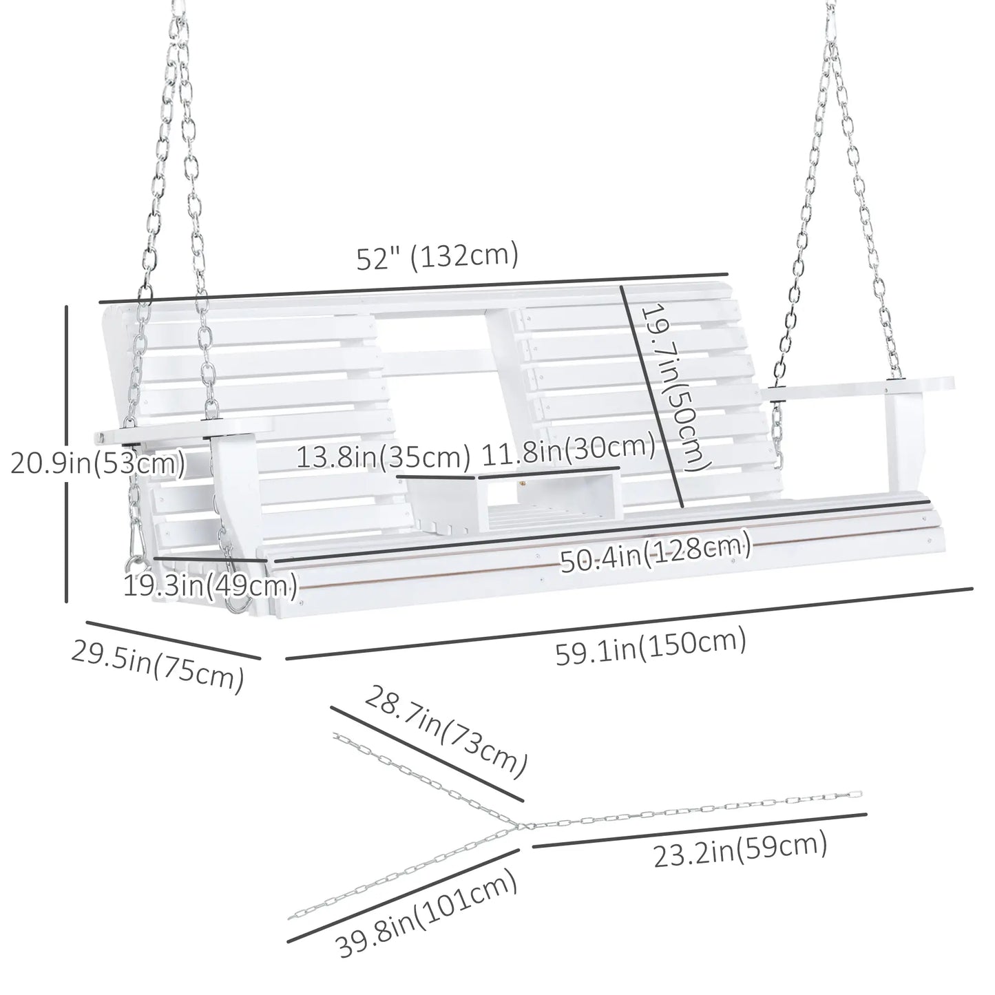 2-3 Seater Porch Swing, Wood Patio Chair with Table, Cup Holders, White Hanging Porch Swings at Gallery Canada
