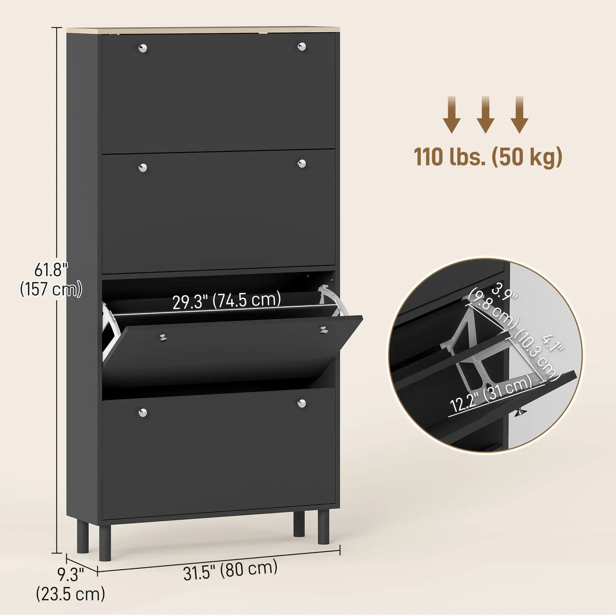 Narrow Shoe Cabinet with 4 Flip Drawers, Adjustable Shelves, Holds 24-32 Pairs, Black Shoe Storage Cabinets & Racks at Gallery Canada