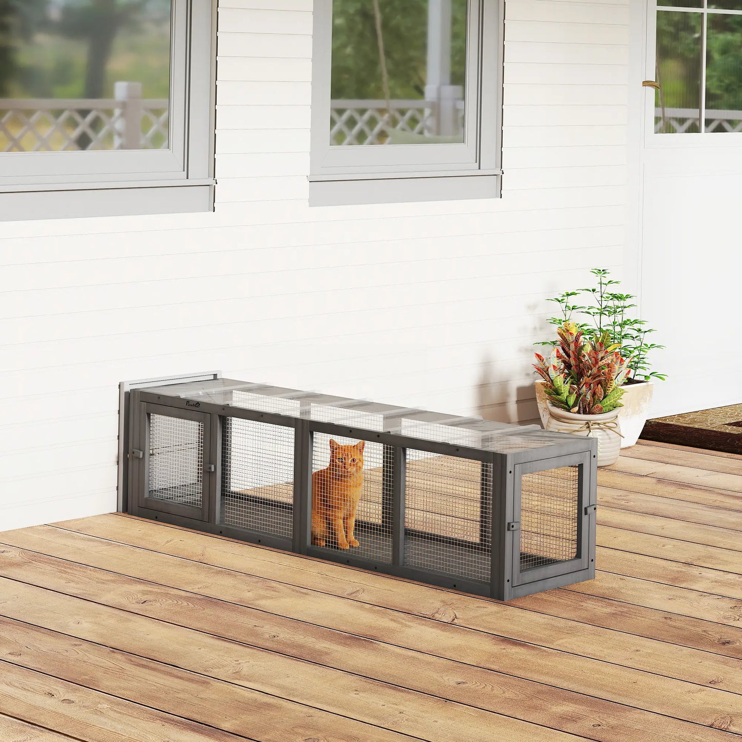 Outdoor Cat Tunnel, Wooden Enclosure, Extendable Pet Run, 3 Doors, Grey