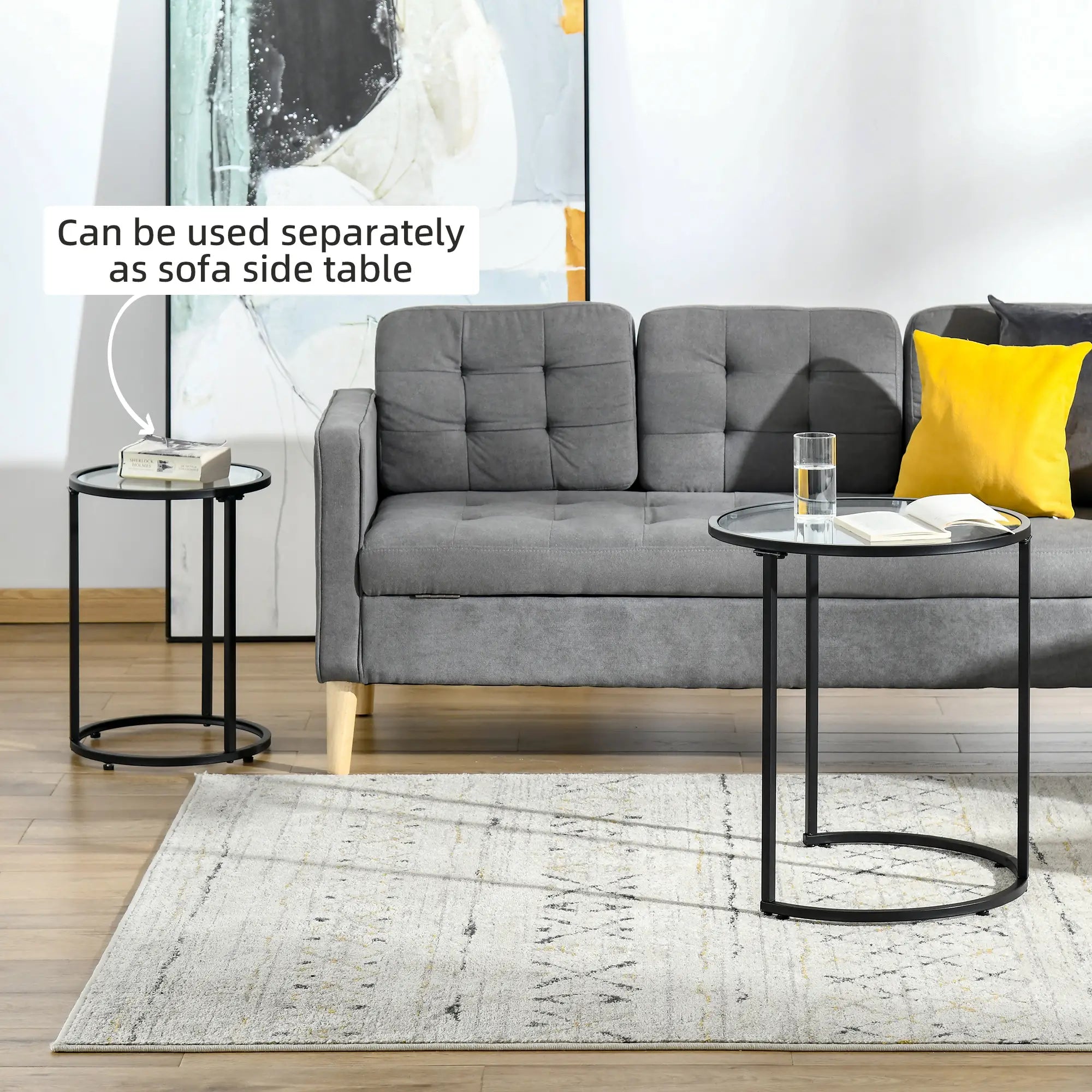 Set of 2 Nesting Coffee Tables, Round Side Table with Tempered Glass Top, Black Side Tables at Gallery Canada