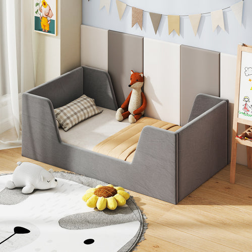 Soft Velvet Toddler Bed Frame, With Safety Rails, Gray