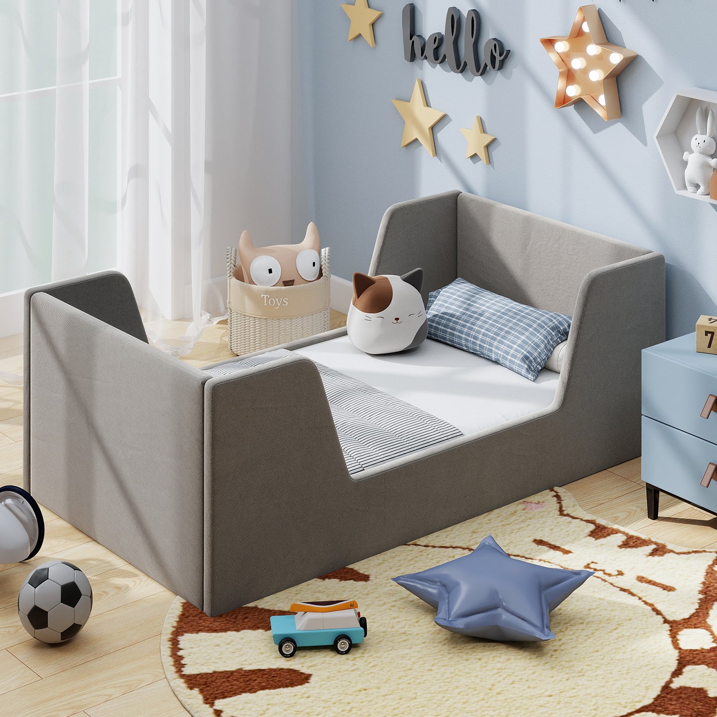 Soft Velvet Toddler Bed Frame, With Safety Rails, Gray Toddler Beds at Gallery Canada