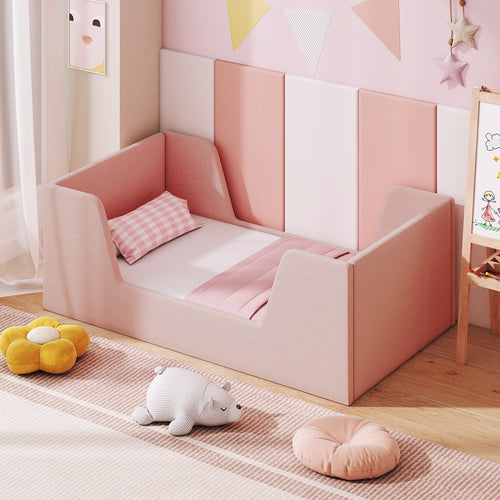 Soft Velvet Fabric Toddler Bed Frame with Safety Rails, Pink