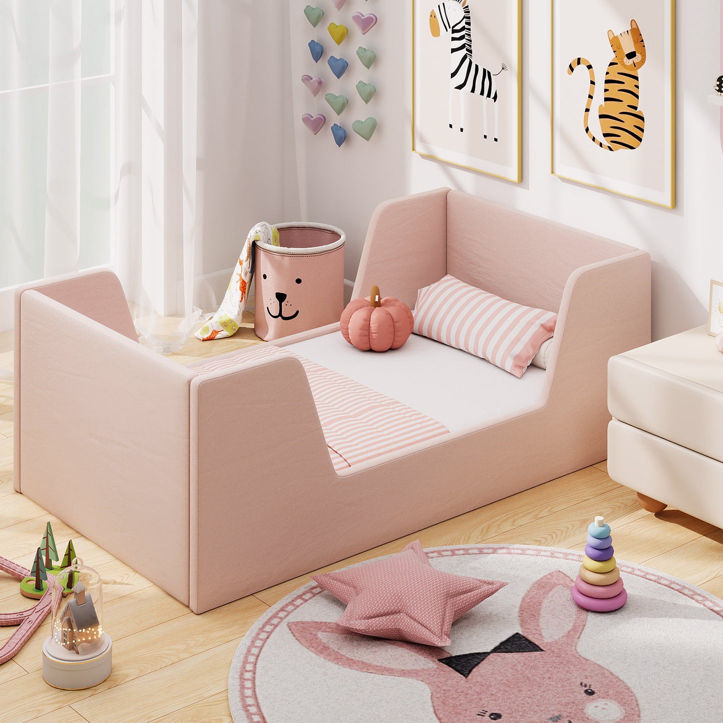 Soft Velvet Fabric Toddler Bed Frame with Safety Rails, Pink Toddler Beds at Gallery Canada