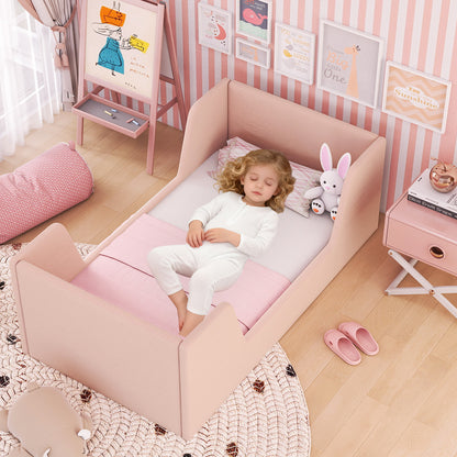 Soft Velvet Fabric Toddler Bed Frame with Safety Rails, Pink Toddler Beds at Gallery Canada