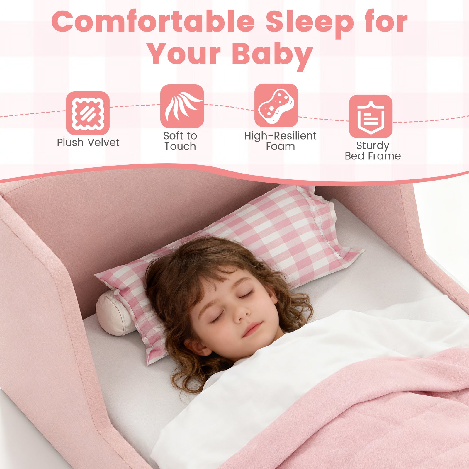 Soft Velvet Fabric Toddler Bed Frame with Safety Rails, Pink Toddler Beds at Gallery Canada