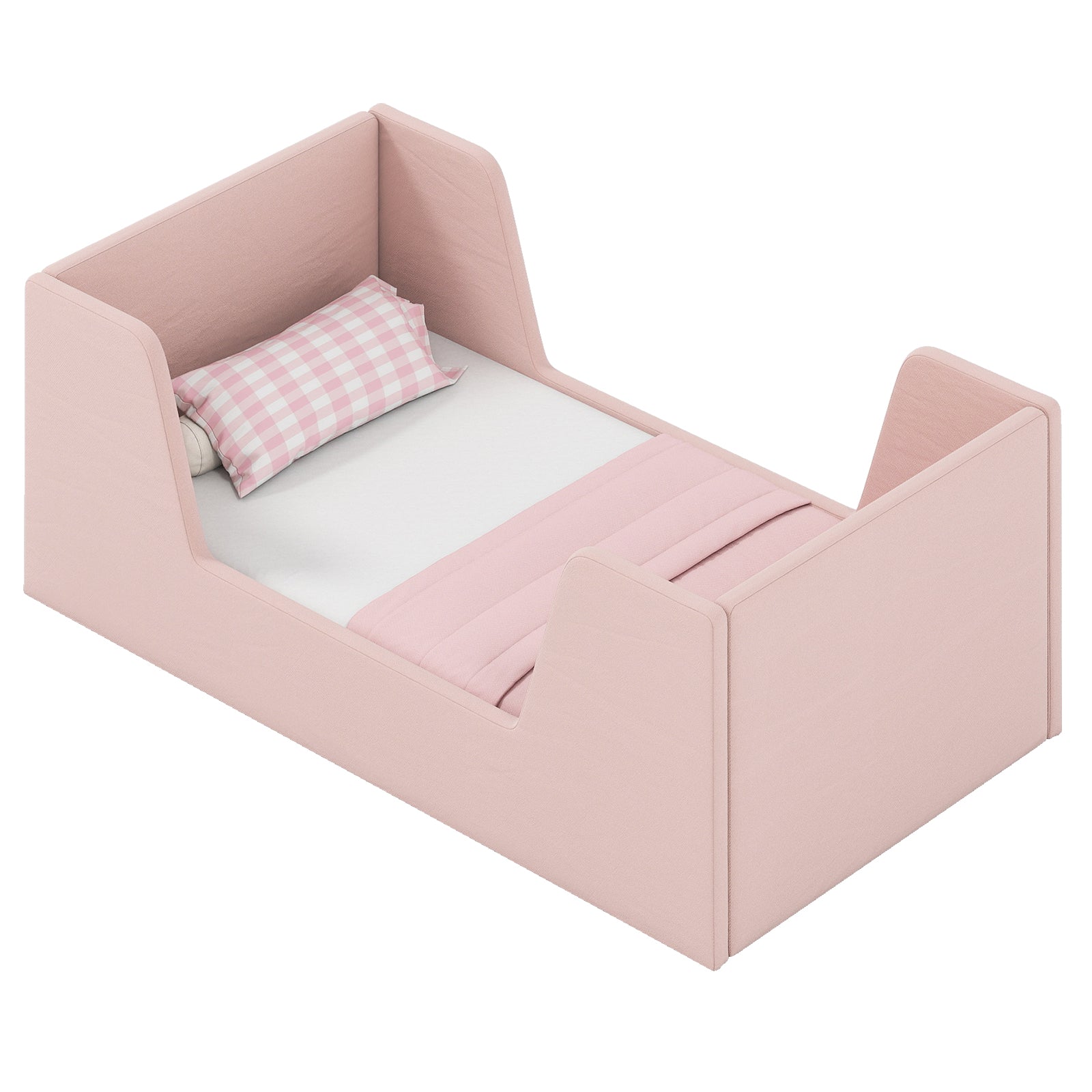 Soft Velvet Fabric Toddler Bed Frame with Safety Rails, Pink Toddler Beds at Gallery Canada