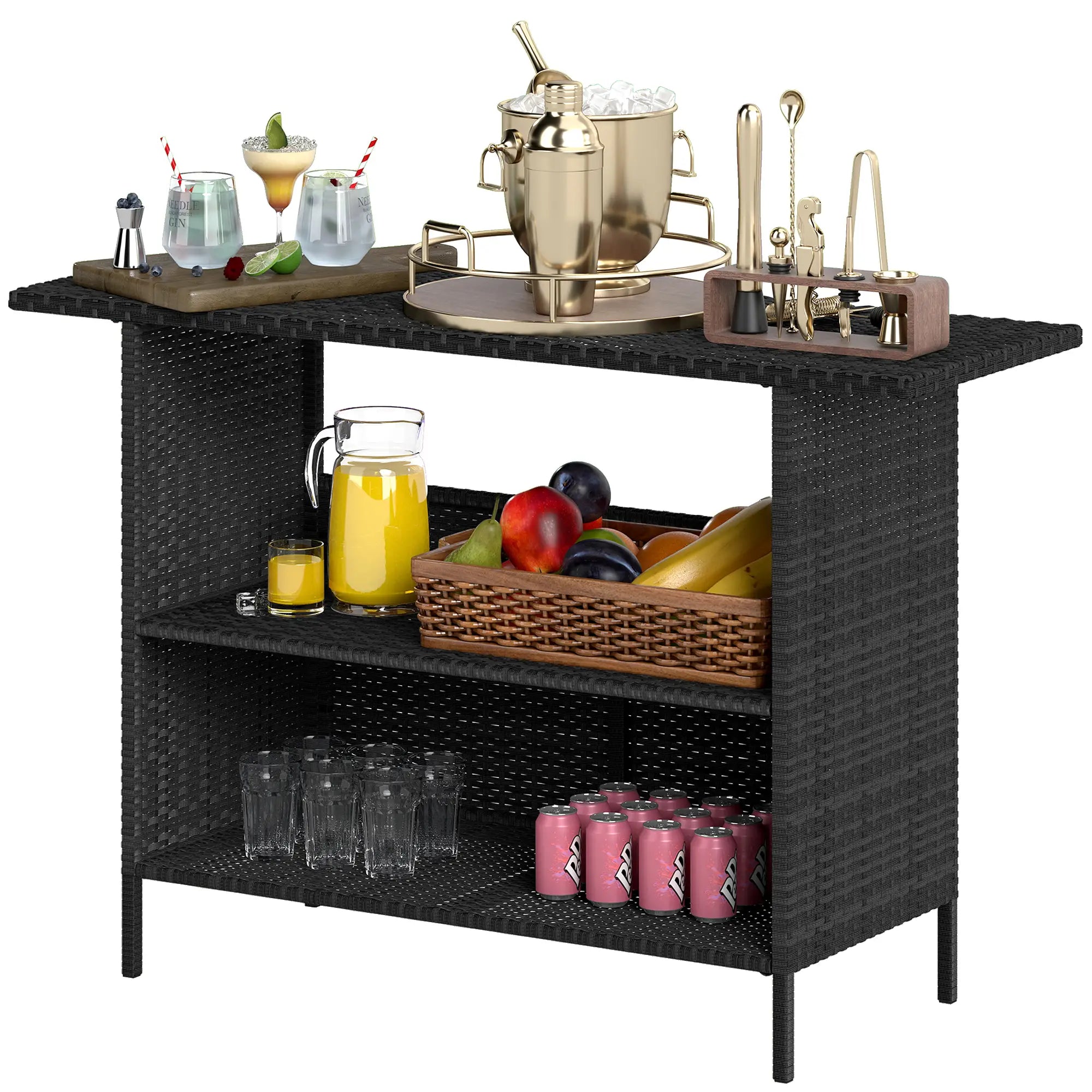 PE Rattan Outdoor Bar Table, 2 Shelves, Black Patio Side Tables Black at Gallery Canada